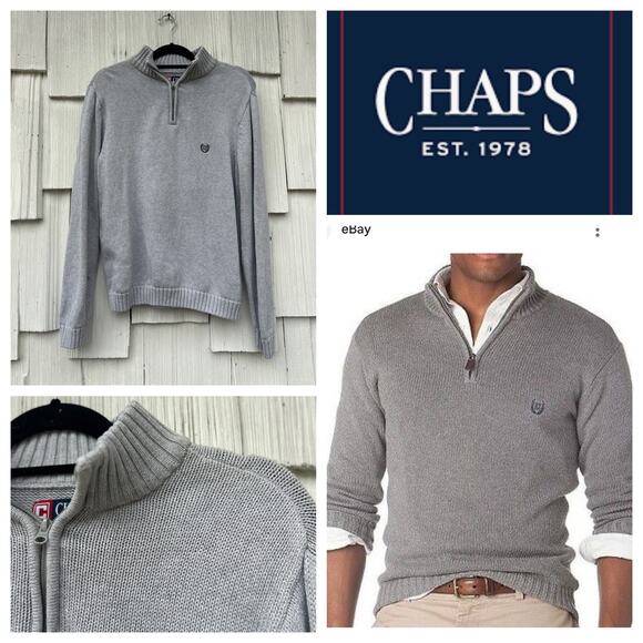 Chaps Mens Gray Cotton Quarter Zip Sweater Knit Pullover‎ Mock Neck Size M - Picture 1 of 8